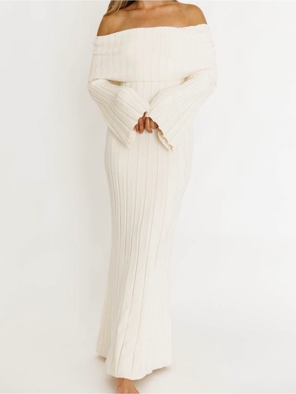 Worth Collective Off-Shoulder Ribbed Maxi Dress in Cream